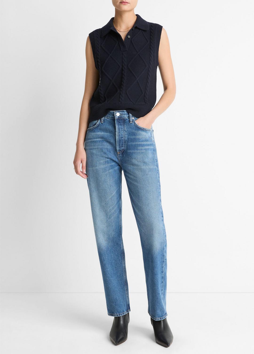 Cable-Knit Wool & Cotton-Blend Sweater Vest in V-Neck COASTAL BLUE | VINCE Women