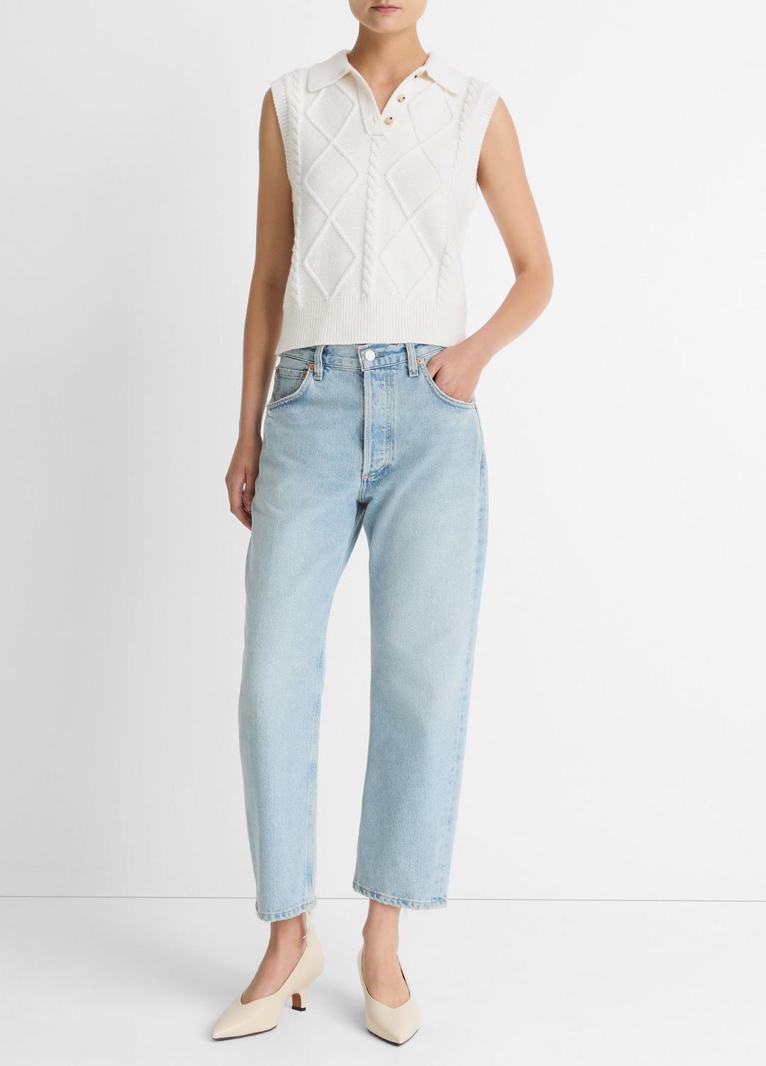 Cable-Knit Wool & Cotton-Blend Sweater Vest in V-Neck OFF WHITE | VINCE Women