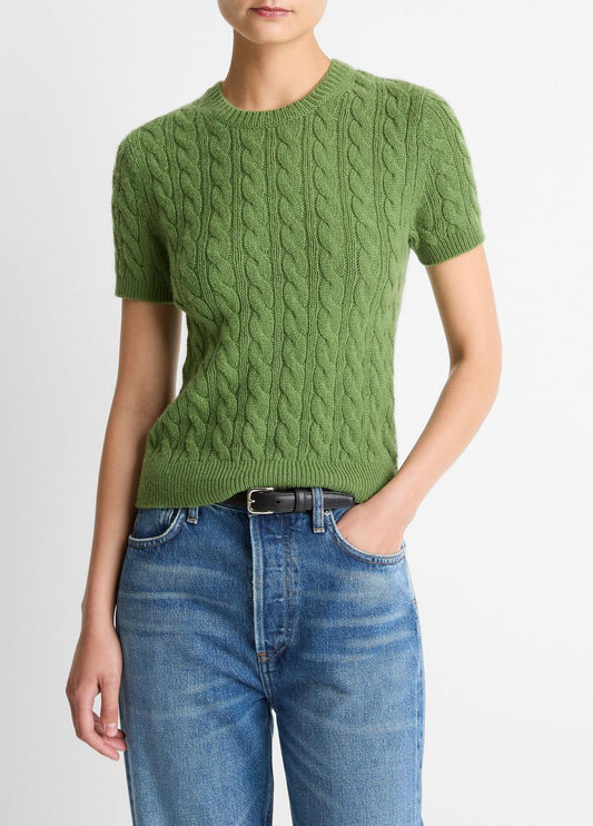Cable-Knit Wool & Cashmere-Blend Short-Sleeve Sweater in Crew Neck CLOVER | VINCE Women