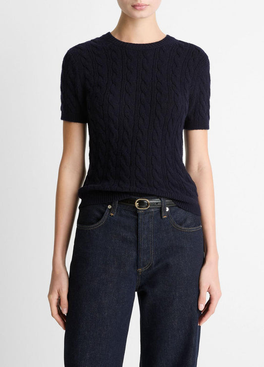 Cable-Knit Wool & Cashmere-Blend Short-Sleeve Sweater in Crew Neck COASTAL BLUE | VINCE Women