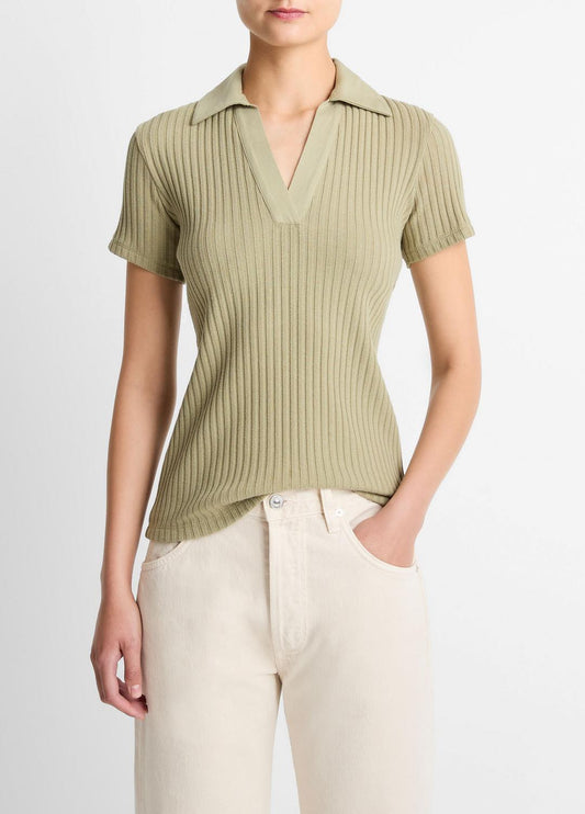 Ribbed Cotton-Blend Polo Shirt in Short Sleeve OLIVE STONE | VINCE Women