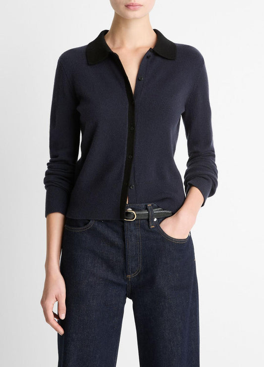 Contrast-Trim Wool & Cashmere-Blend Collared Cardigan in Cardigans NIGHT MARINE/BLACK | VINCE Women