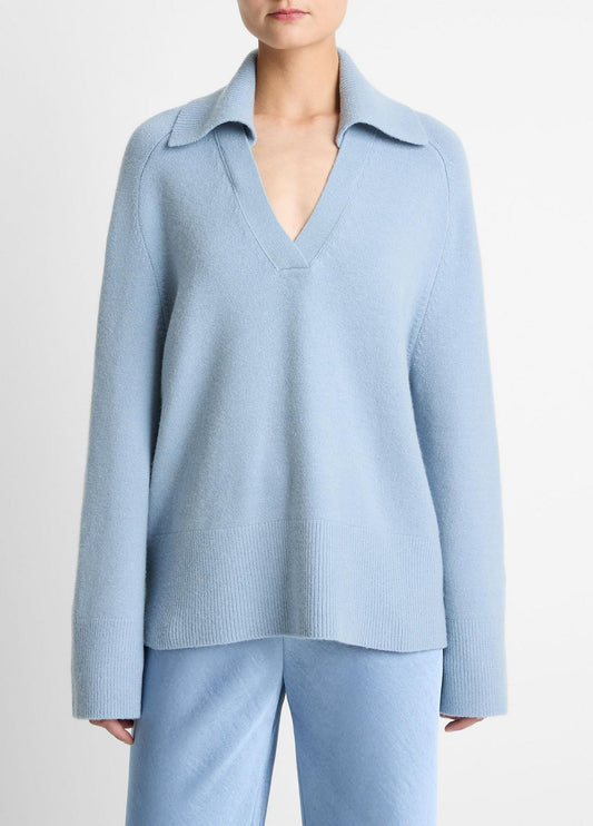 Wool & Cashmere-Blend Oversized Polo Sweater in V-Neck PACIFIC | VINCE Women