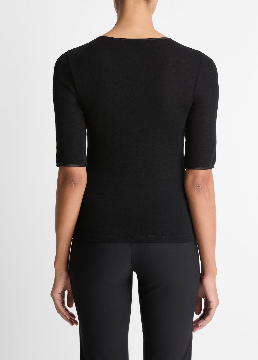 Satin-Trim Wool Elbow-Sleeve T-Shirt in Short Sleeve BLACK | VINCE Women