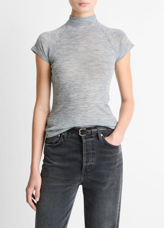 Wool Raglan Cap-Sleeve Mock-Neck Top in Short Sleeve HEATHER THISTLE | VINCE Women