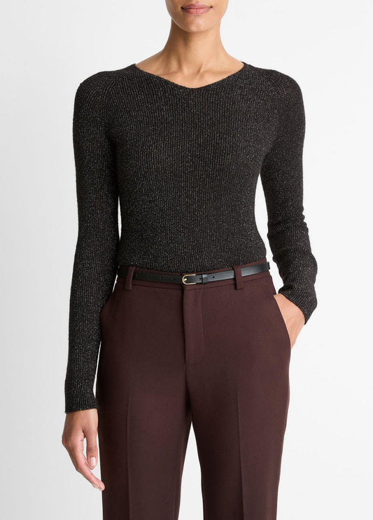 Metallic Ribbed High V-Neck Sweater in V-Neck BLACK METALLIC | VINCE Women