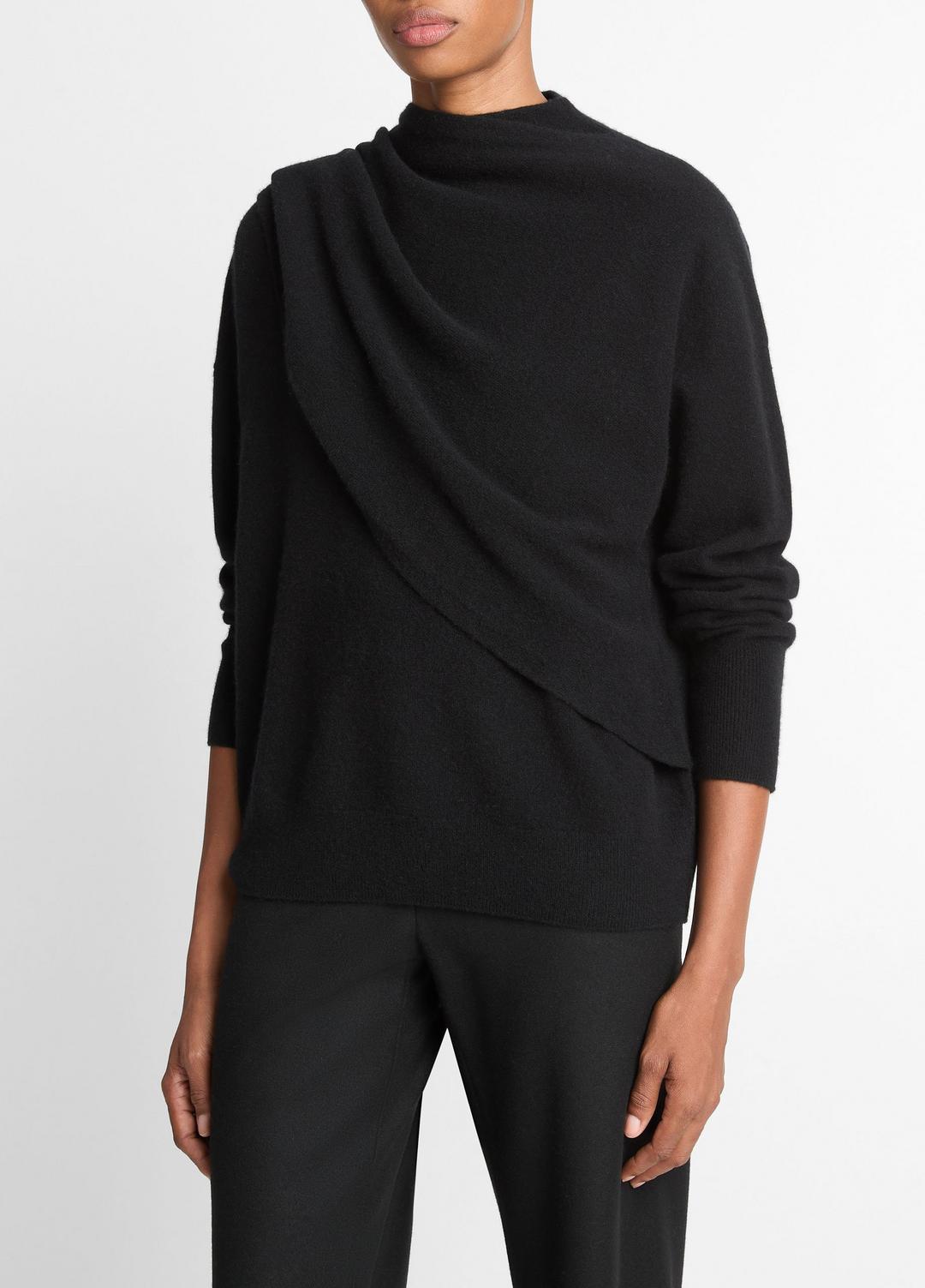 Draped-Shawl Wool-Cashmere Sweater in Turtleneck BLACK | VINCE Women