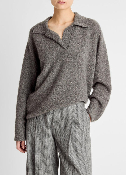 Donegal Plush Cashmere Dolman-Sleeve Polo Sweater in Cashmere MEDIUM HEATHER GREY DONEGAL | VINCE Women