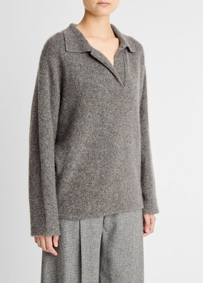 Donegal Plush Cashmere Dolman-Sleeve Polo Sweater in Cashmere MEDIUM HEATHER GREY DONEGAL | VINCE Women
