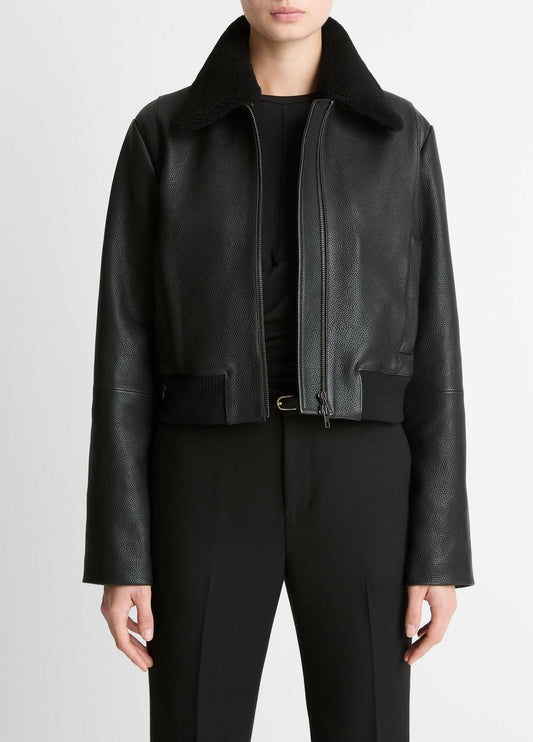 Shearling-Trim Shrunken Leather Jacket in Leather Jackets BLACK | VINCE Women