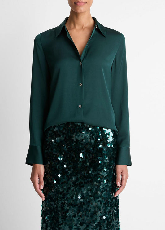 Silk-Blend Slim Button-Front Blouse in Long Sleeve JUNIPER | VINCE Women
