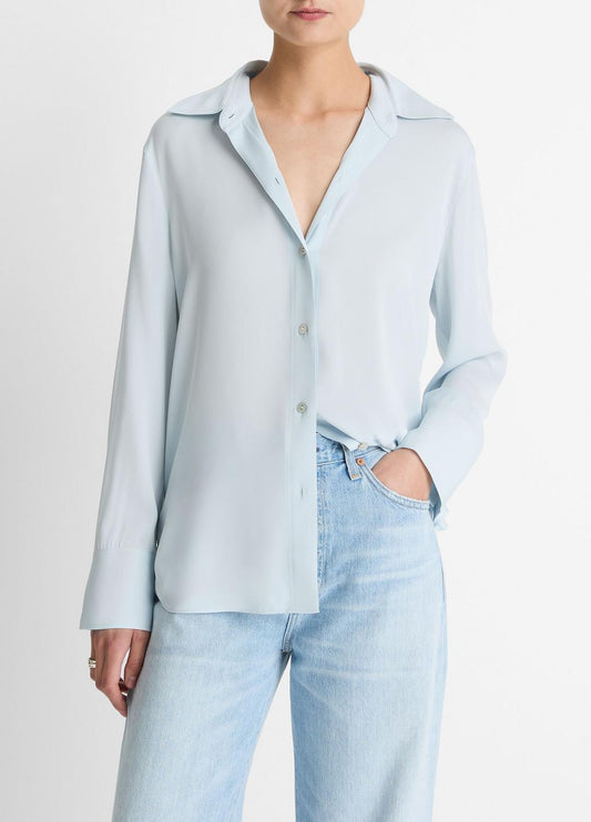 Stretch-Silk Button-Front Blouse in Long Sleeve GLACIER | VINCE Women