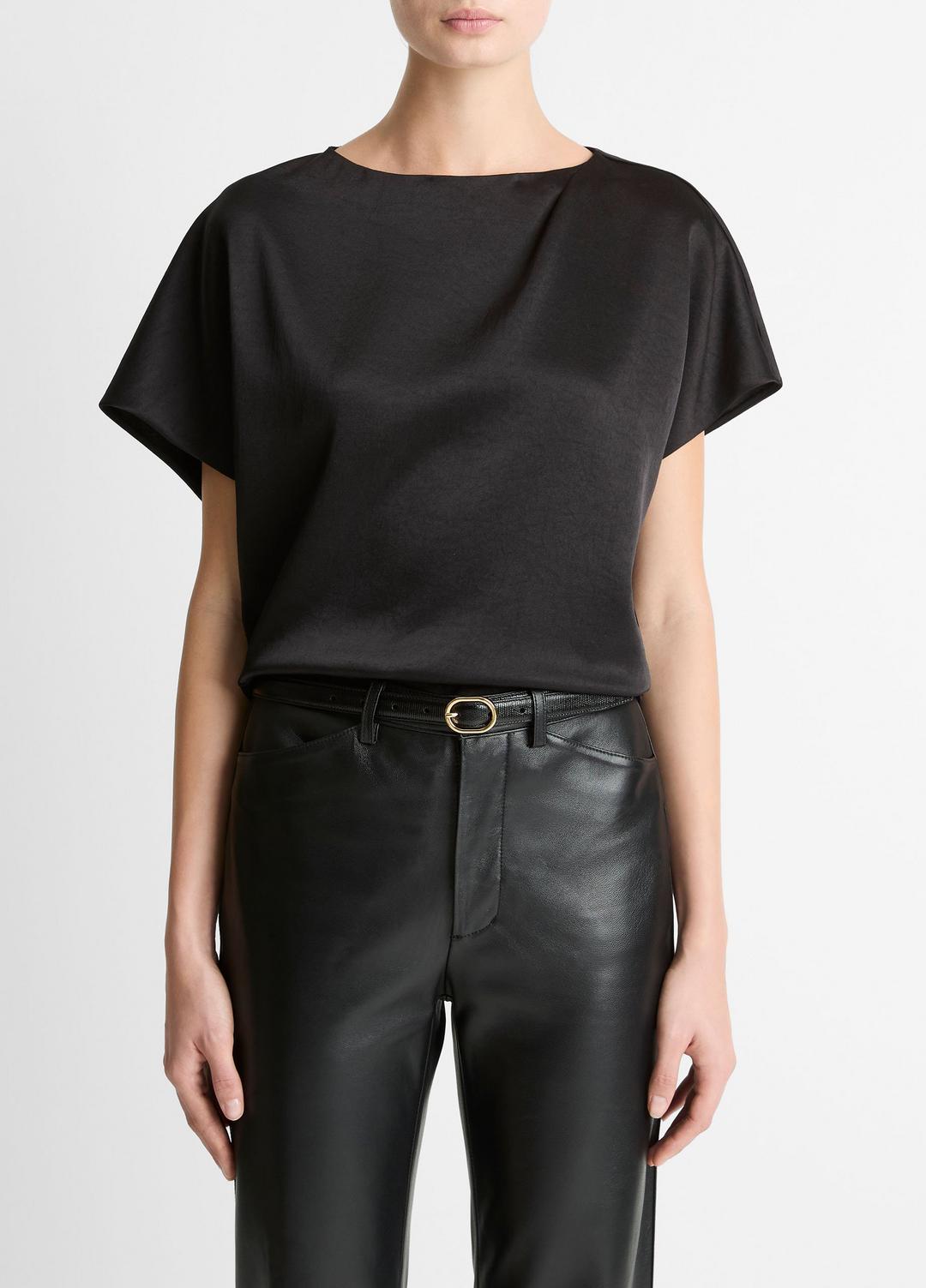 Draped Satin Dolman-Sleeve Blouse in Short Sleeve BLACK | VINCE Women