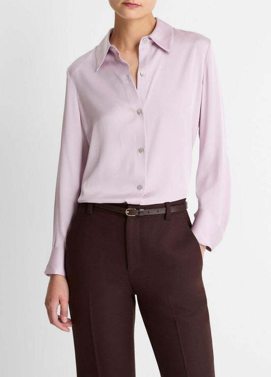 Silk-Blend Slim Button-Front Blouse in Long Sleeve IRIS QUARTZ | VINCE Women