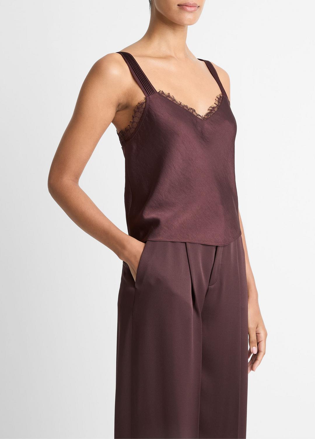 Lace-Trim Satin Camisole in Tank Tops FIG | VINCE Women