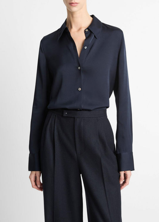 Silk-Blend Slim Button-Front Blouse in Long Sleeve COASTAL BLUE | VINCE Women