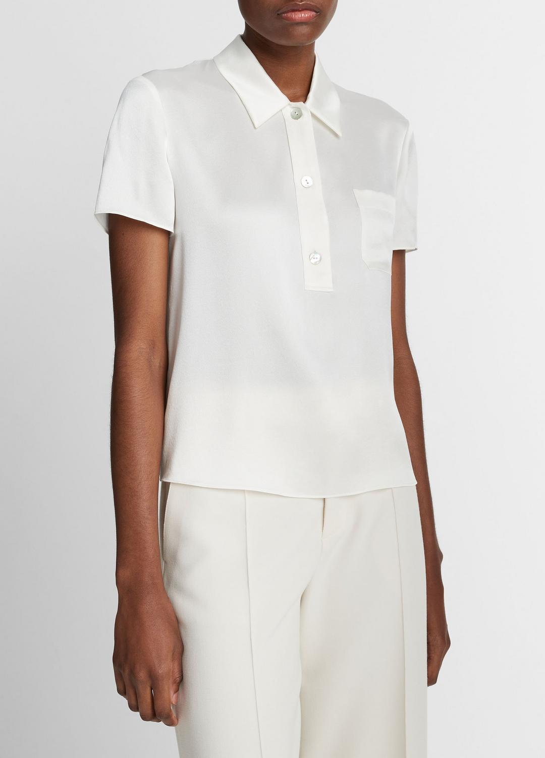 Silk Short-Sleeve Polo Shirt in Short Sleeve OFF WHITE | VINCE Women