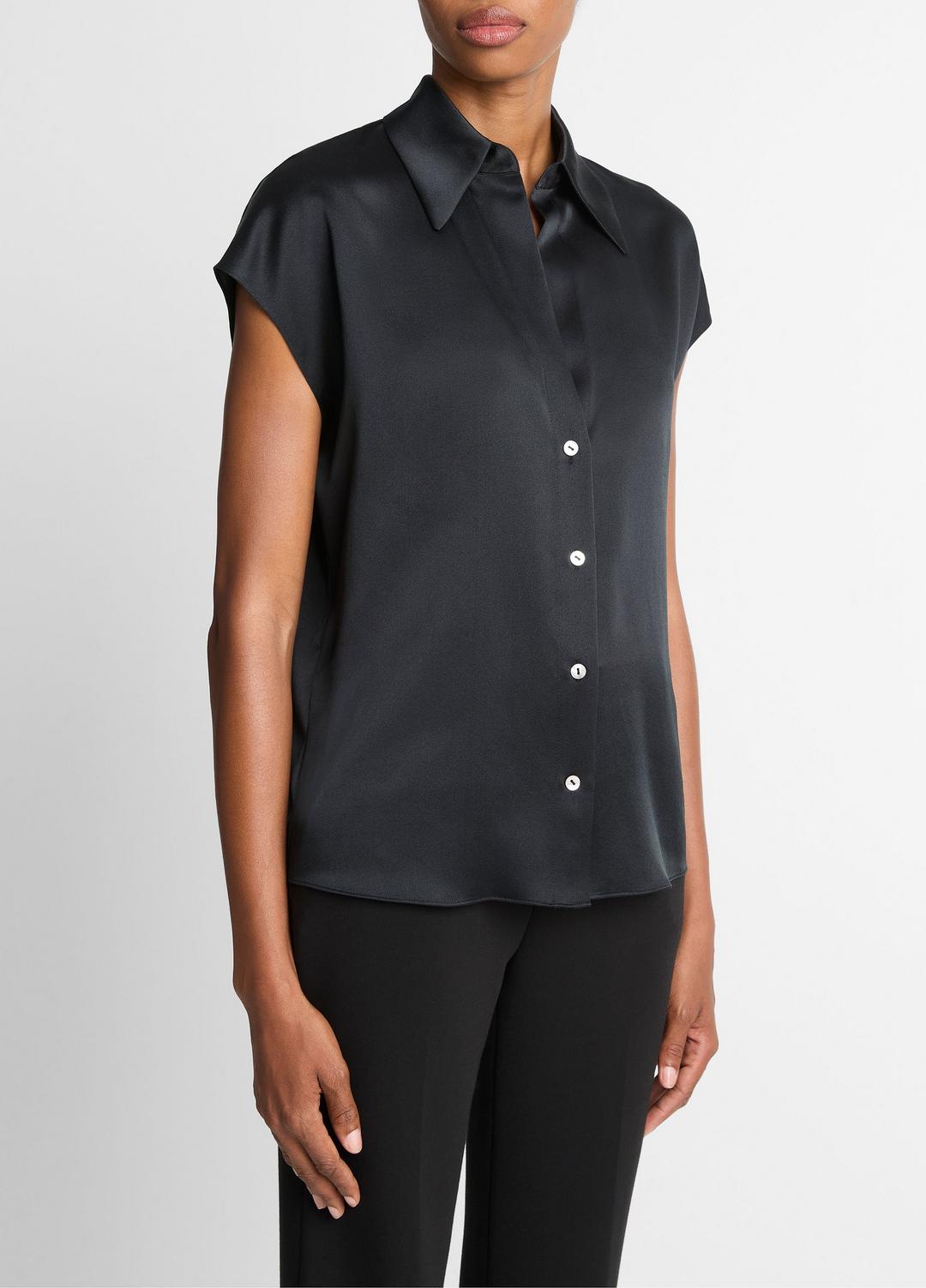 Silk Cap-Sleeve Ruched-Back Blouse in Short Sleeve BLACK | VINCE Women