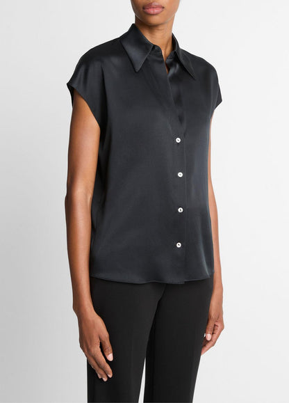 Silk Cap-Sleeve Ruched-Back Blouse in Short Sleeve BLACK | VINCE Women