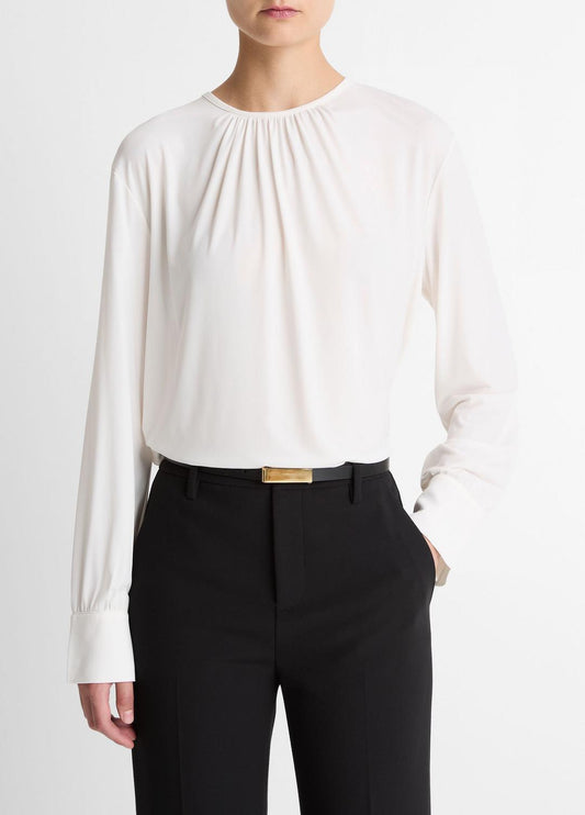 Matte Jersey Gathered Blouse in Long Sleeve OFF WHITE | VINCE Women