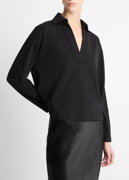 Easy Pima Cotton Long-Sleeve Polo Shirt in Long Sleeve BLACK | VINCE Women