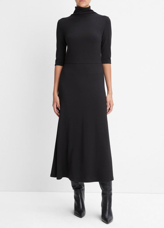 Elbow-Sleeve Turtleneck Dress in Dresses BLACK | VINCE Women