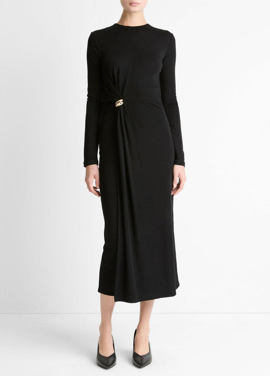 Cinched-Waist Wool-Blend Long-Sleeve Dress in Dresses BLACK | VINCE Women