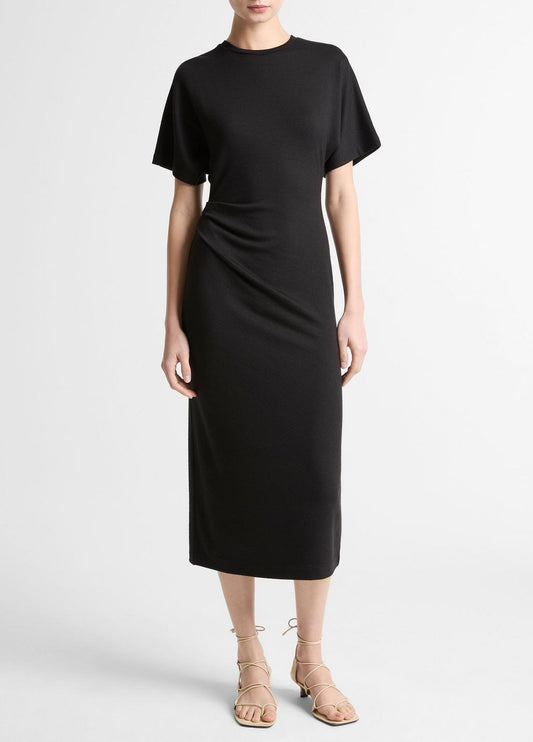Ruched-Side Matte Jersey Short-Sleeve Dress in Dresses BLACK | VINCE Women