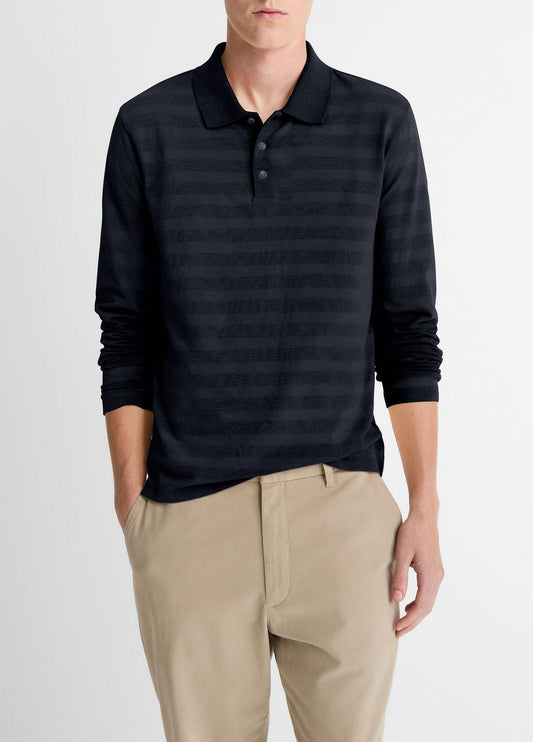 Jacquard-Stripe Cotton Long-Sleeve Polo Shirt in Long Sleeve COASTAL BLUE | VINCE Men