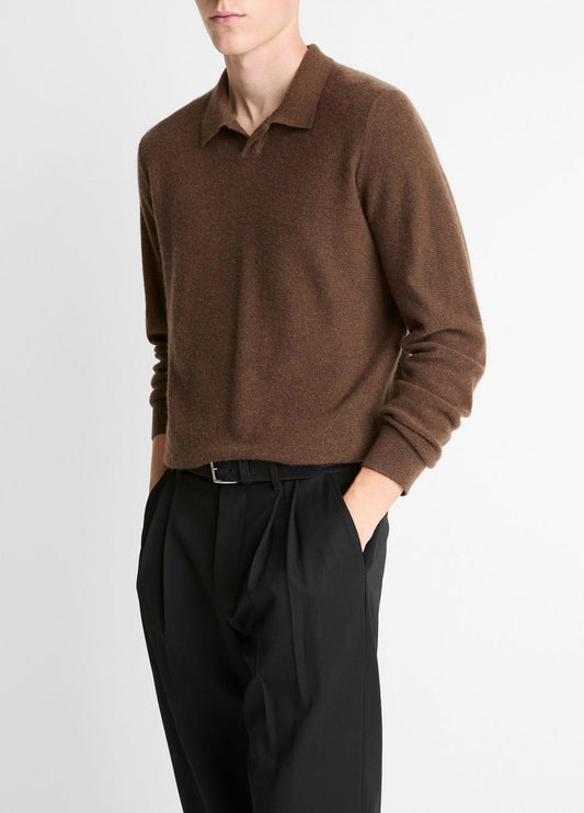 Feed Stripe Plush Cashmere Johnny-Collar Sweater in Cashmere MISSION/DARK HEATHER BEARPAW | VINCE Men