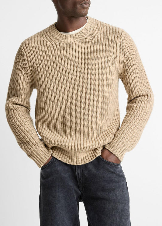 Utility Shaker Merino Wool Sweater in Crew Neck HEATHER RIVER SAND | VINCE Men