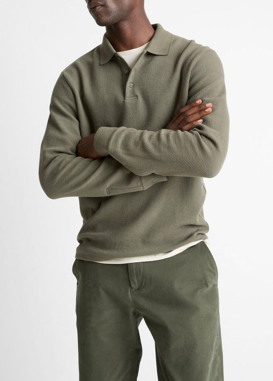 Basket-Weave Cotton Long-Sleeve Polo Shirt in Henleys & Polos SYCAMORE | VINCE Men