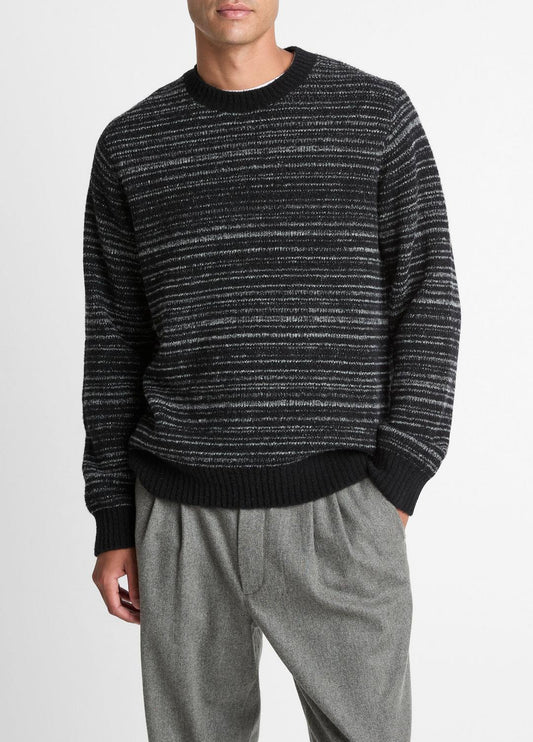 Marled Stripe Merino Wool-Blend Sweater in Crew Neck BLACK/MEDIUM HEATHER GREY | VINCE Men