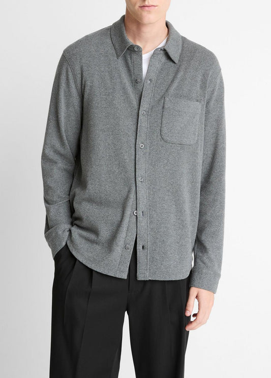 Knit Cotton-Blend Button-Front Shirt in Long Sleeve MEDIUM HEATHER GREY | VINCE Men