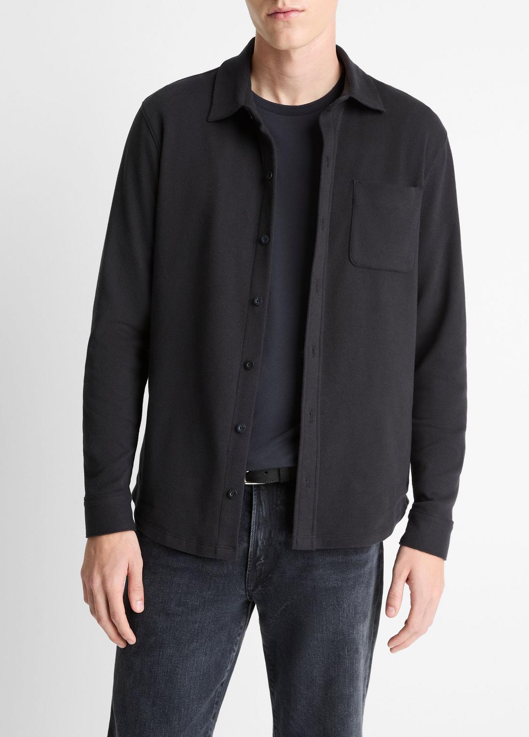 Knit Cotton-Blend Button-Front Shirt in Long Sleeve BLACK | VINCE Men
