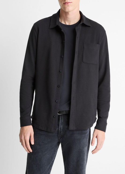 Knit Cotton-Blend Button-Front Shirt in Long Sleeve BLACK | VINCE Men