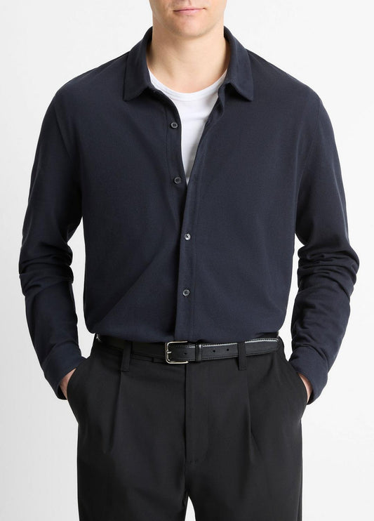 Cotton Piqué Button-Front Shirt in Long Sleeve COASTAL BLUE | VINCE Men