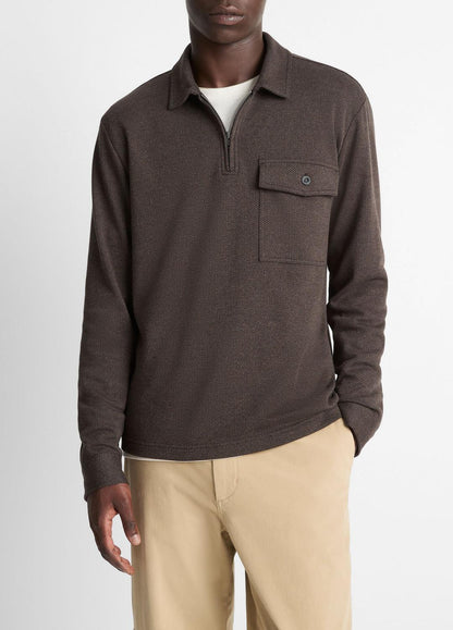 Herringbone Cotton-Blend Zip Polo Shirt in Henleys & Polos HEATHER DARK ROAST/BLACK | VINCE Men