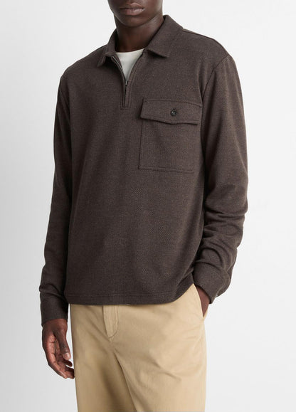 Herringbone Cotton-Blend Zip Polo Shirt in Henleys & Polos HEATHER DARK ROAST/BLACK | VINCE Men