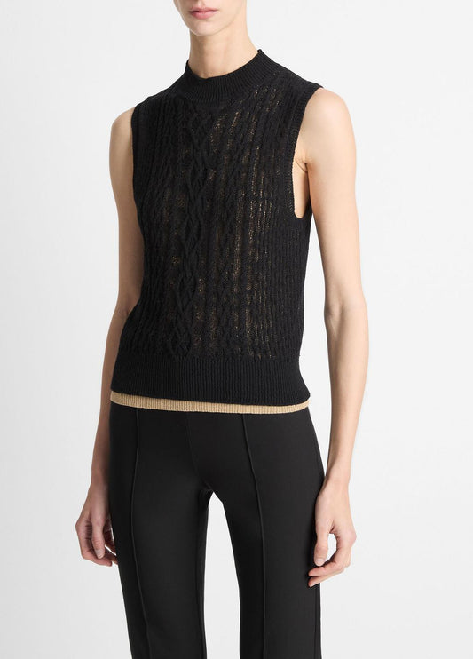 Cable Cotton-Blend Double-Layer Shell in Sweaters BLACK/GOLD CLIFF | VINCE Sale
