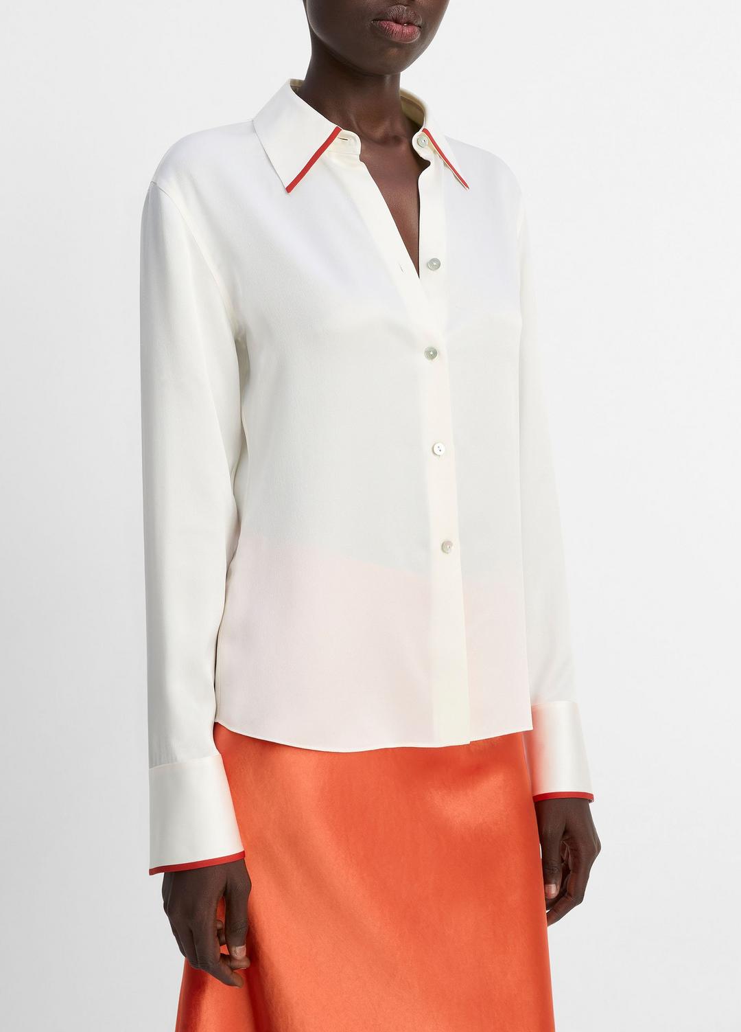 Tipped Silk Button-Front Blouse in Shirts & Tees OFF WHITE/BRICK ROSE | VINCE Sale
