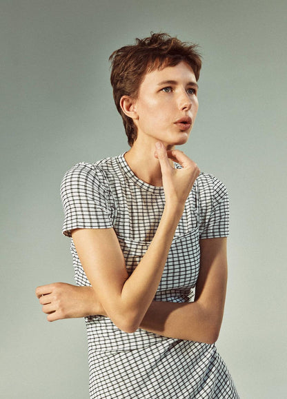 Checked Smocked T-Shirt in Shirts & Tees BLACK COMBO | VINCE Sale
