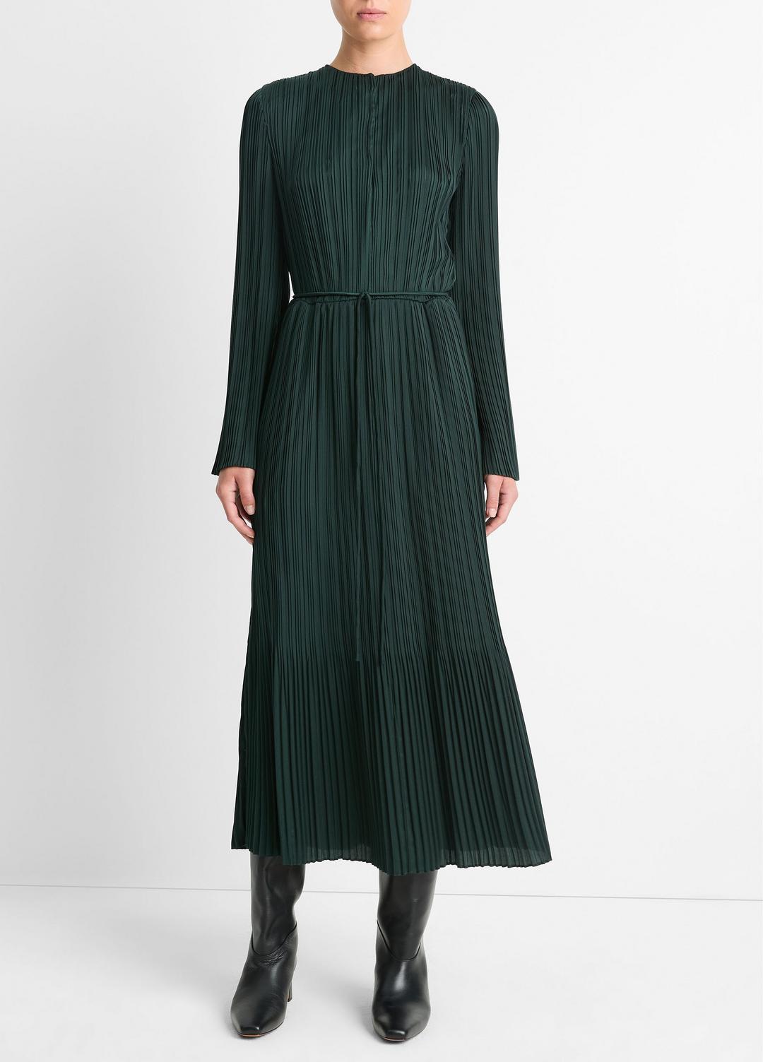 Pleated Satin Long-Sleeve Dress in Dresses & Skirts MARINE PINE | VINCE Sale