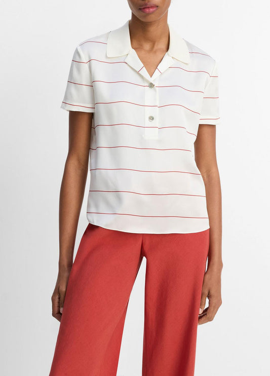Knit-Collar Striped Silk Polo Shirt in Shirts & Tees CREAM/BRICK ROSE | VINCE Sale